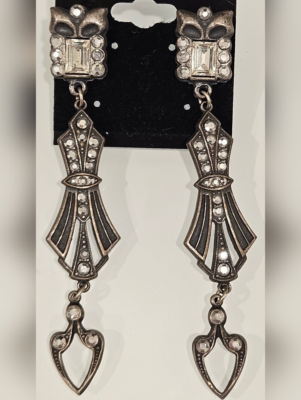 VINTAGE ART DECO LONG PAVE GLASS CRYSTAL RHINESTONE DANGLE POST SILVER EARRINGS